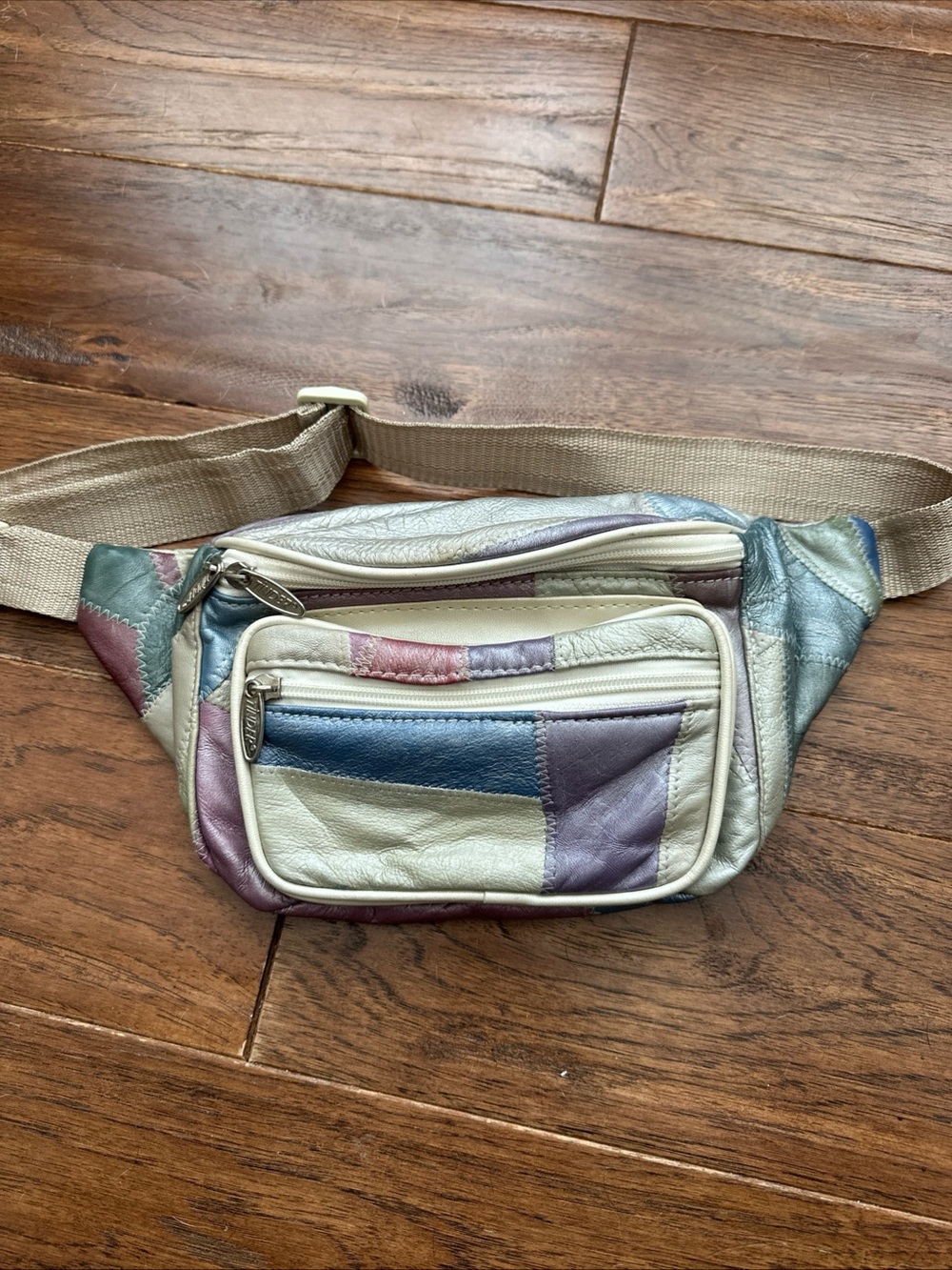 Vintage Leather Fanny Pack Multi Color Metallic Patchwork 90s Belt Waist Bag